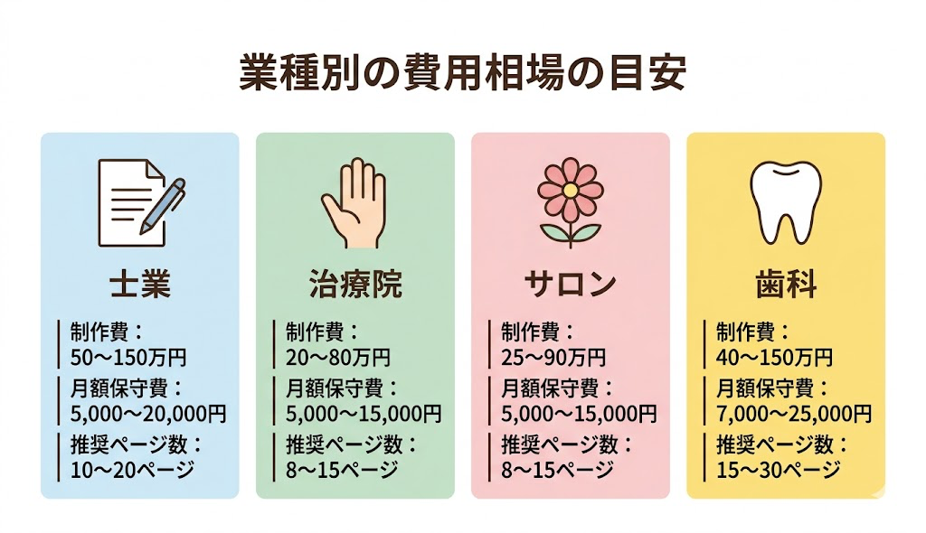 士業・治療院・サロン・歯科の4業種ごとの制作費・月額保守費・推奨ページ数を比較した費用相場の目安図
