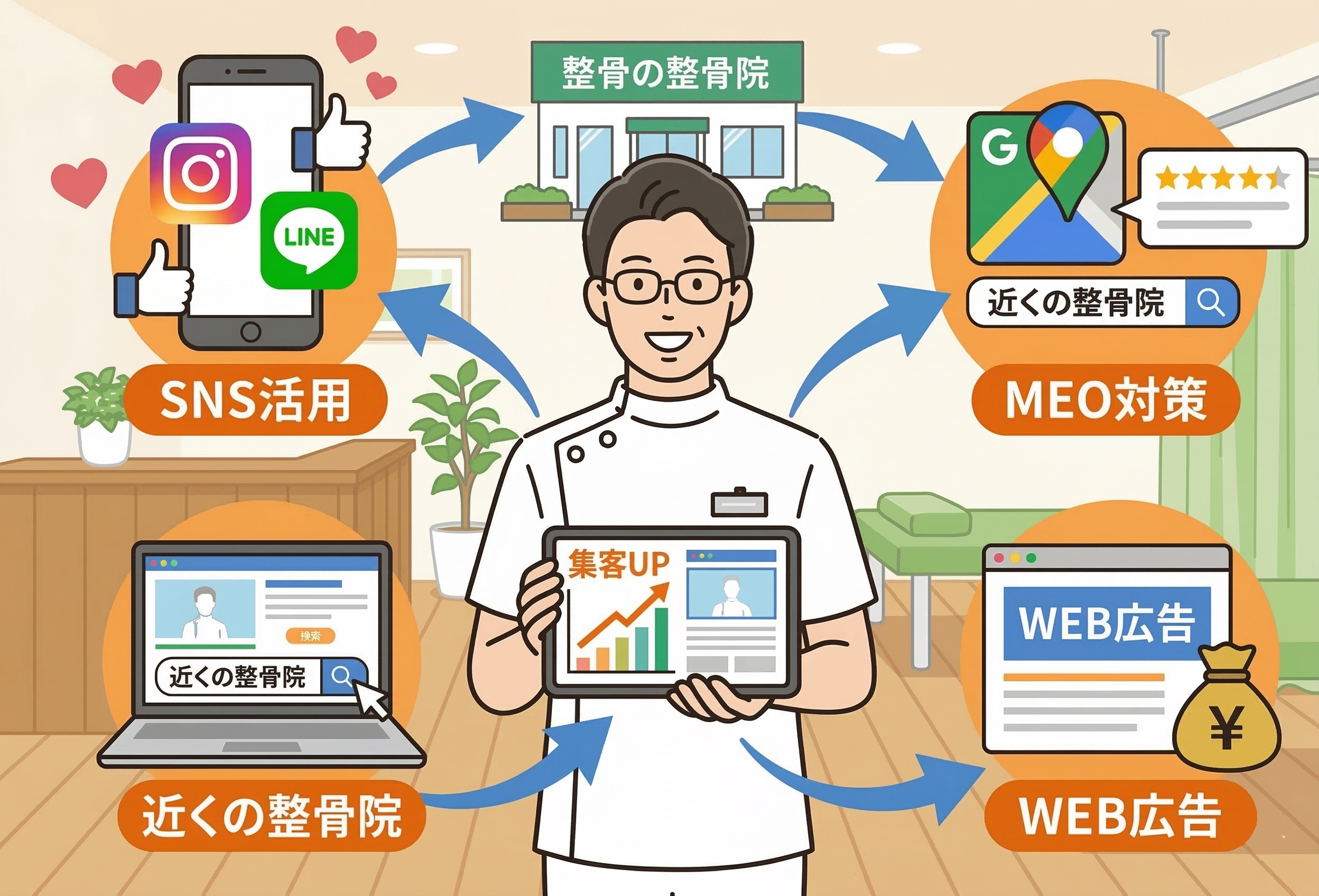 整骨院・接骨院の集客方法完全ガイド<br>ホームページ・WEB・SNS活用で新患を増やす