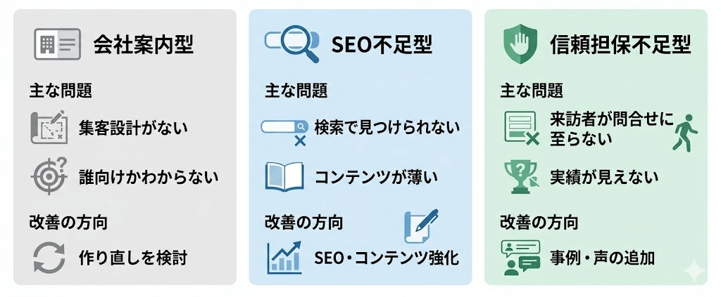集客できないHPの3タイプ比較図：会社案内型・SEO不足型・信頼担保不足型の特徴と改善の方向