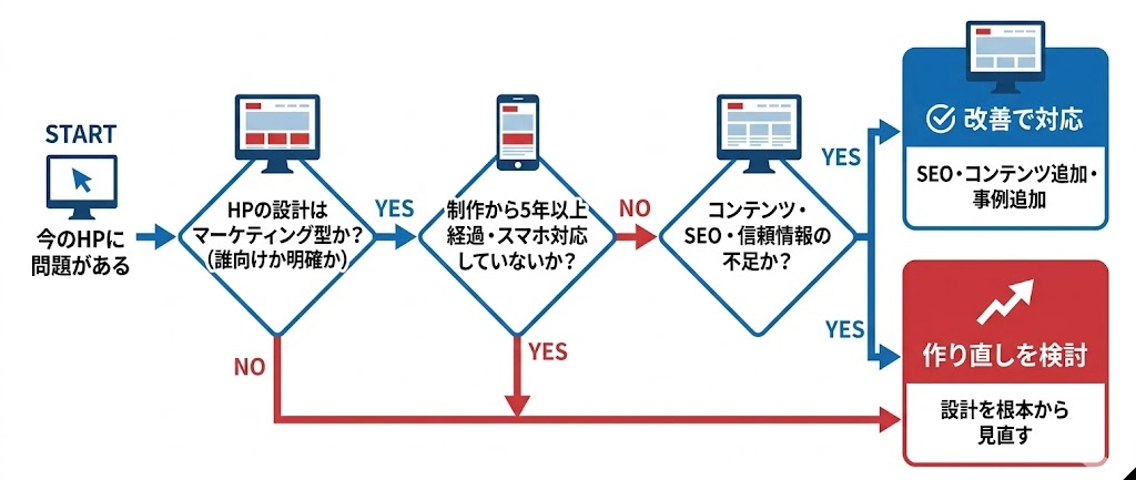 HPの改善か作り直しかを判断するフロー図：現在のHP状況から3つのポイントで判断する