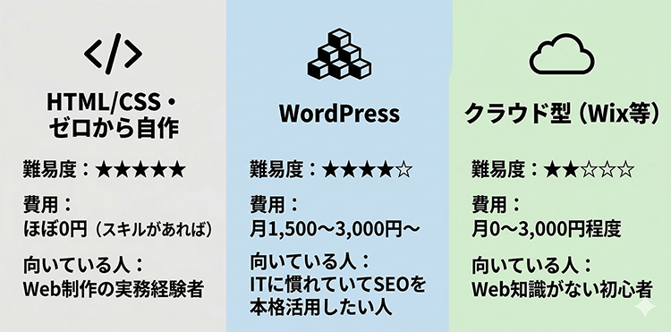 ホームページを自分で作る3つの方法(HTML・WordPress・クラウド型)の難易度・費用・向いている人を比較した図