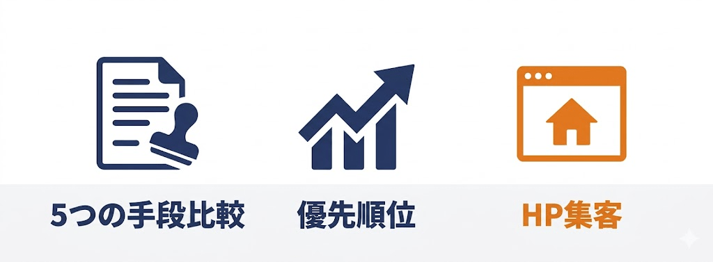 行政書士が仕事を取る5つの手段と開業1年目の優先順位を示す解説図
