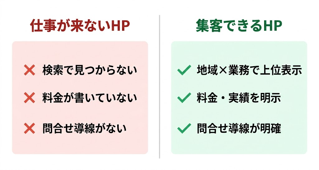 仕事が来ないホームページと集客できるホームページの設計比較——検索対策・料金掲載・問合せ導線の有無を対比