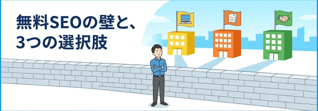 無料SEOの壁と3つの選択肢を表すイラスト