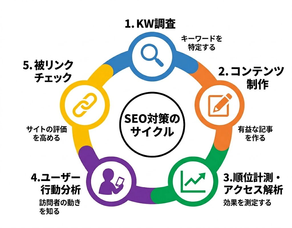 SEO対策の5ステップサイクル図