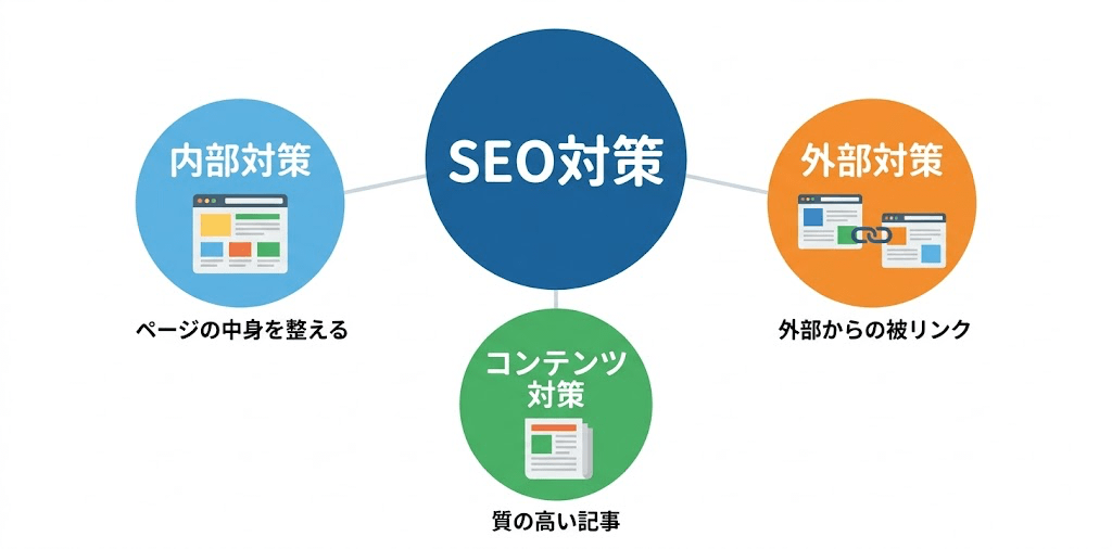 SEO対策3種類（内部・外部・コンテンツ対策）の関係図