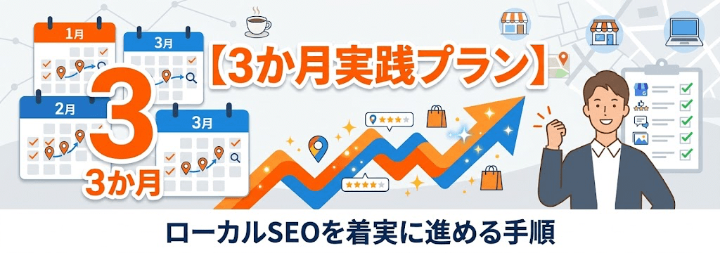 ローカルSEO対策を3か月で進める実践プランのアイキャッチ画像（基盤づくり／コンテンツ充実／評価向上の3ステップ）