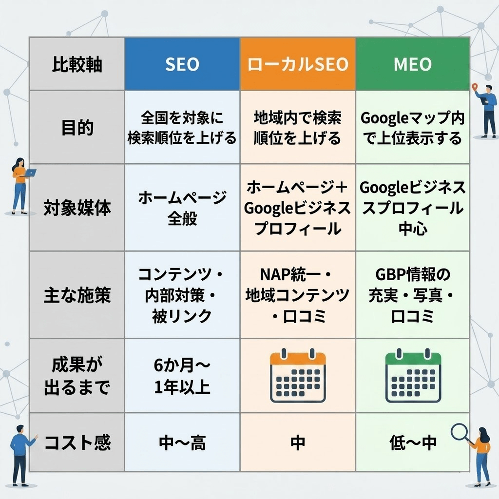 SEO・ローカルSEO・MEOの違いを目的／対象媒体／主な施策／成果が出るまで／コスト感の5軸で比較した一覧図
