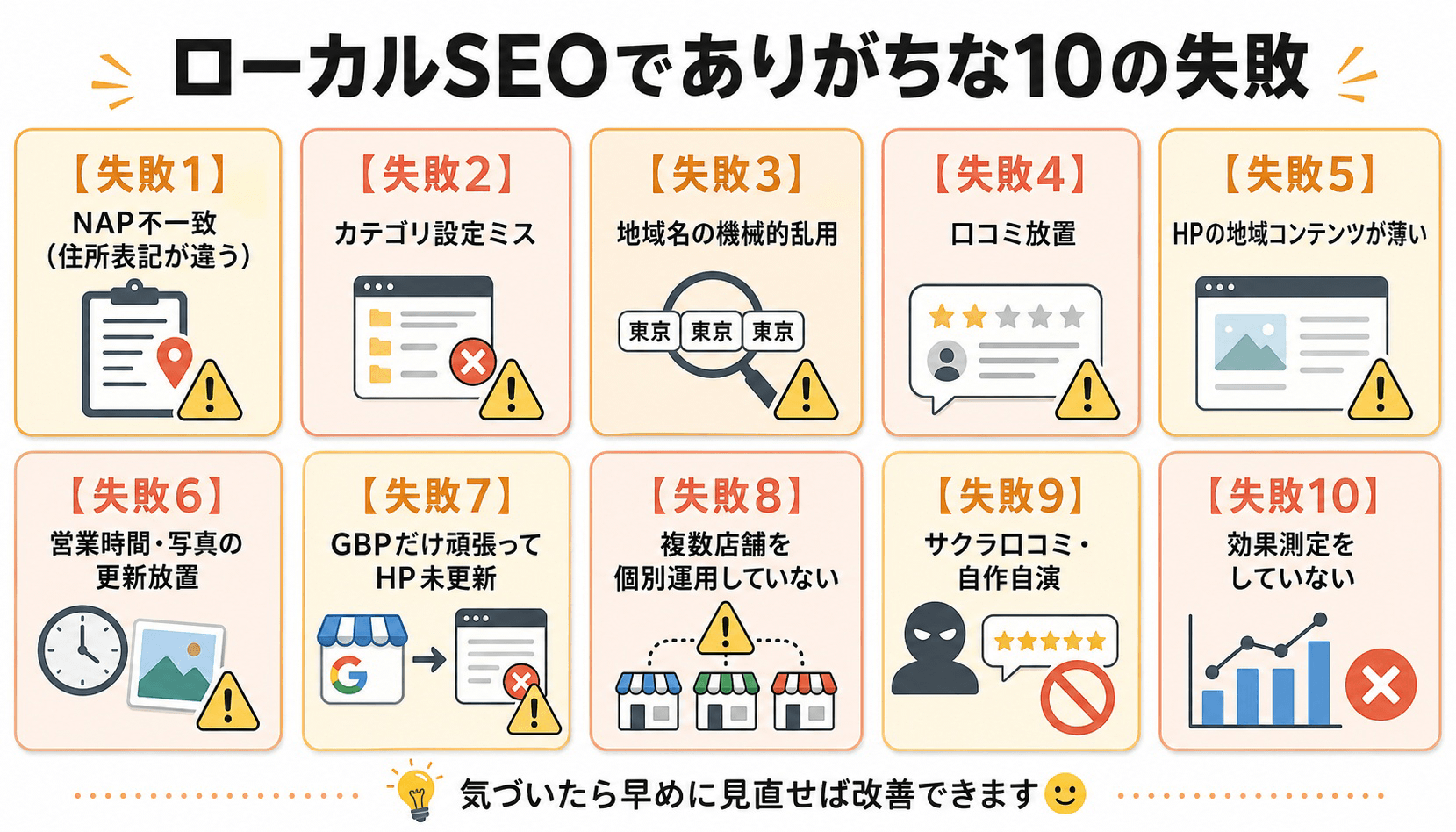 ローカルSEOで失敗する10パターン（NAP不一致／カテゴリミス／地域名乱用ほか）と修正手順をまとめた図