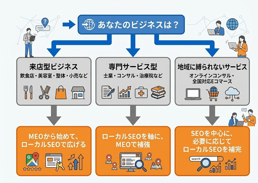 来店型／専門サービス型／地域フリー型の3業態でローカルSEOとMEOの優先順位を決める判断フロー図