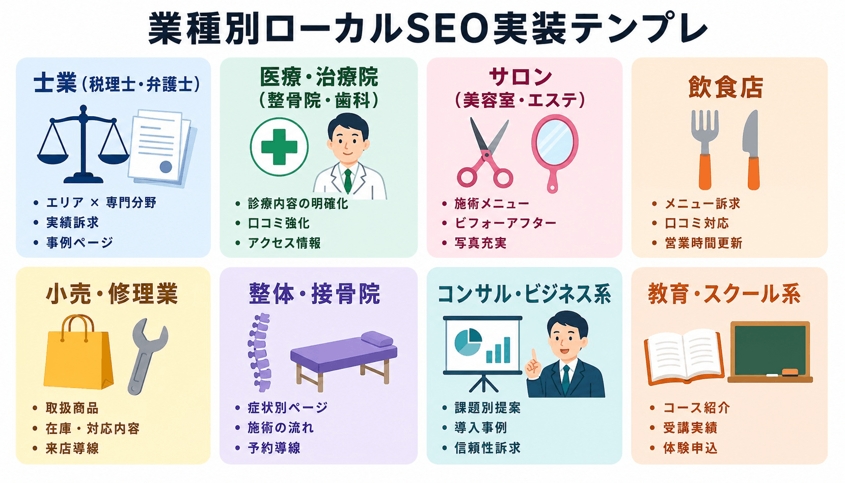 士業／医療・治療院／サロン／飲食店／小売・修理／教育など業種別ローカルSEO実装テンプレートのまとめ図