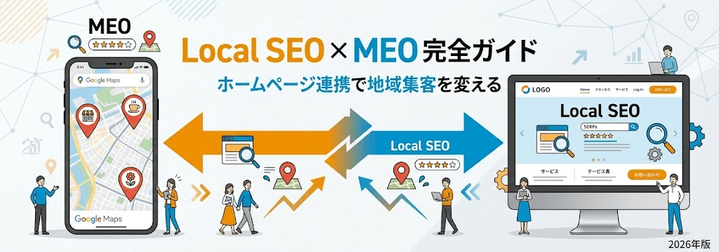 ローカルSEOとMEOの違いを表現したヒーロー画像（地図とホームページを連携させ地域集客につなげるイメージ）