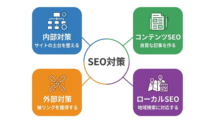 SEO対策の基本となる施策（内部・コンテンツ・外部・ローカルSEO）