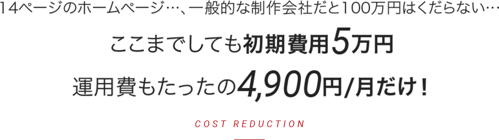 14ページのホームページ…、一般的な制作会社だと100万円はくだらない…ここまでしても初期費用5万円、運用費もたったの4,900円/月だけ！