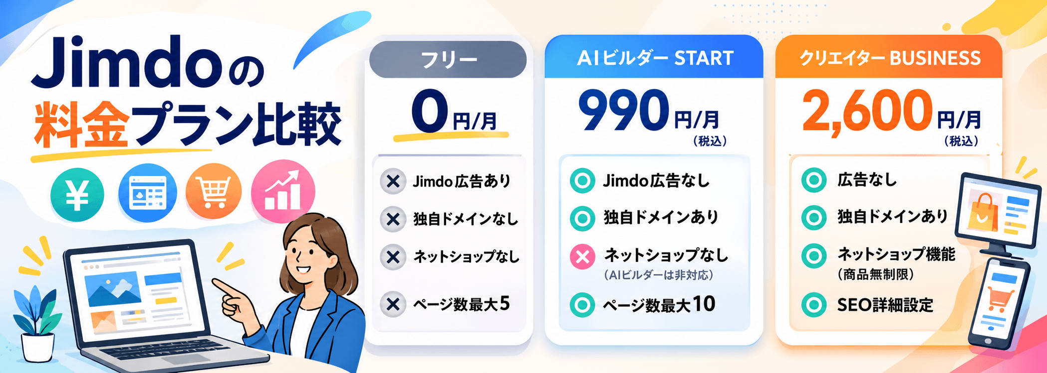 ジンドゥー（Jimdo）の料金プラン比較｜無料版と有料版の違い