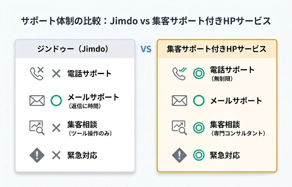 注意点5：集客が伸び悩んだ時の相談先がない実務リスク／サポート体制比較