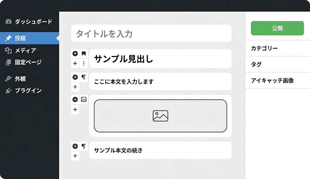 WordPressブロックエディタ（Gutenberg）の画面・直感的な編集UIを示すスクリーンショット
