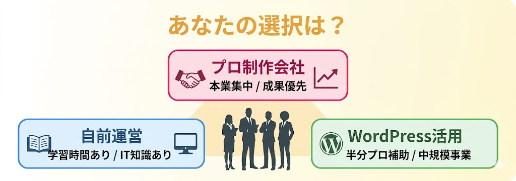 WordPress自作・セミオーダー型・フルオーダー制作の３軸選択を経営者が判断する独自構造図